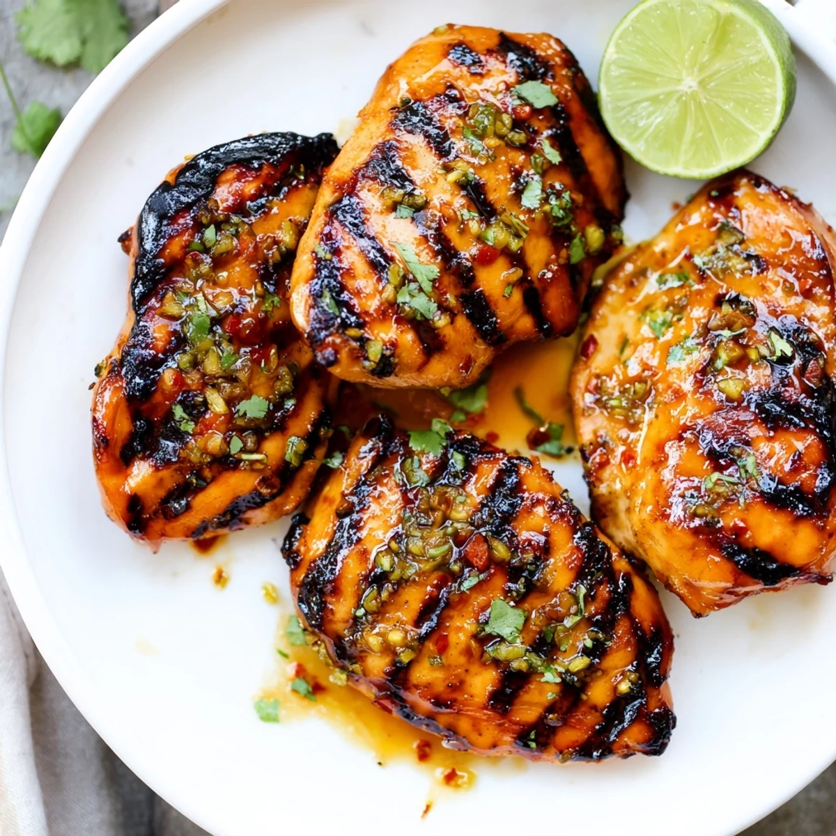 Key West Grilled Chicken With Tropical Citrus Marinade sizzling on grill, bright citrus glaze