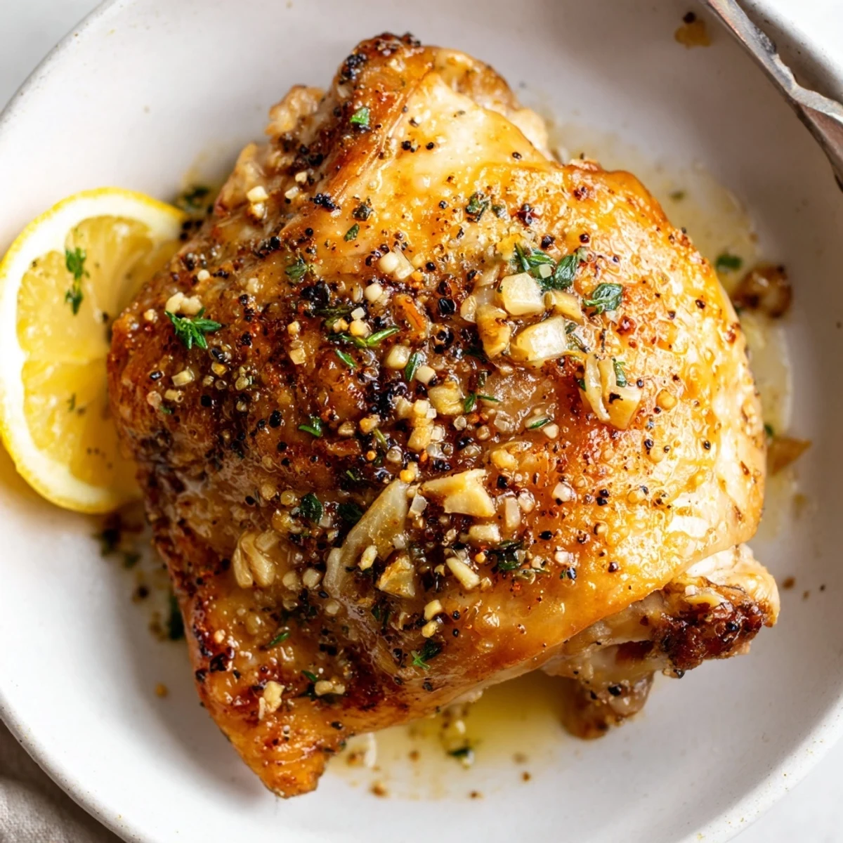 Crispy roasted Lemon Pepper Chicken Thighs glistening with lemon zest and parsley