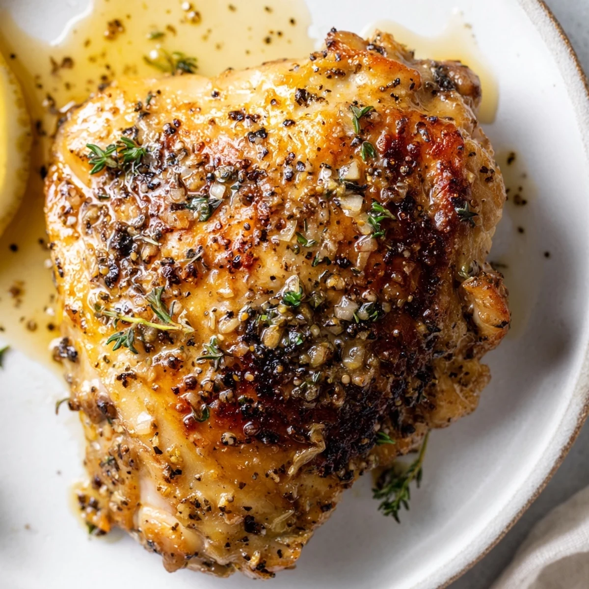 Juicy Lemon Pepper Chicken Thighs releasing zesty aroma, resting with lemon wedges