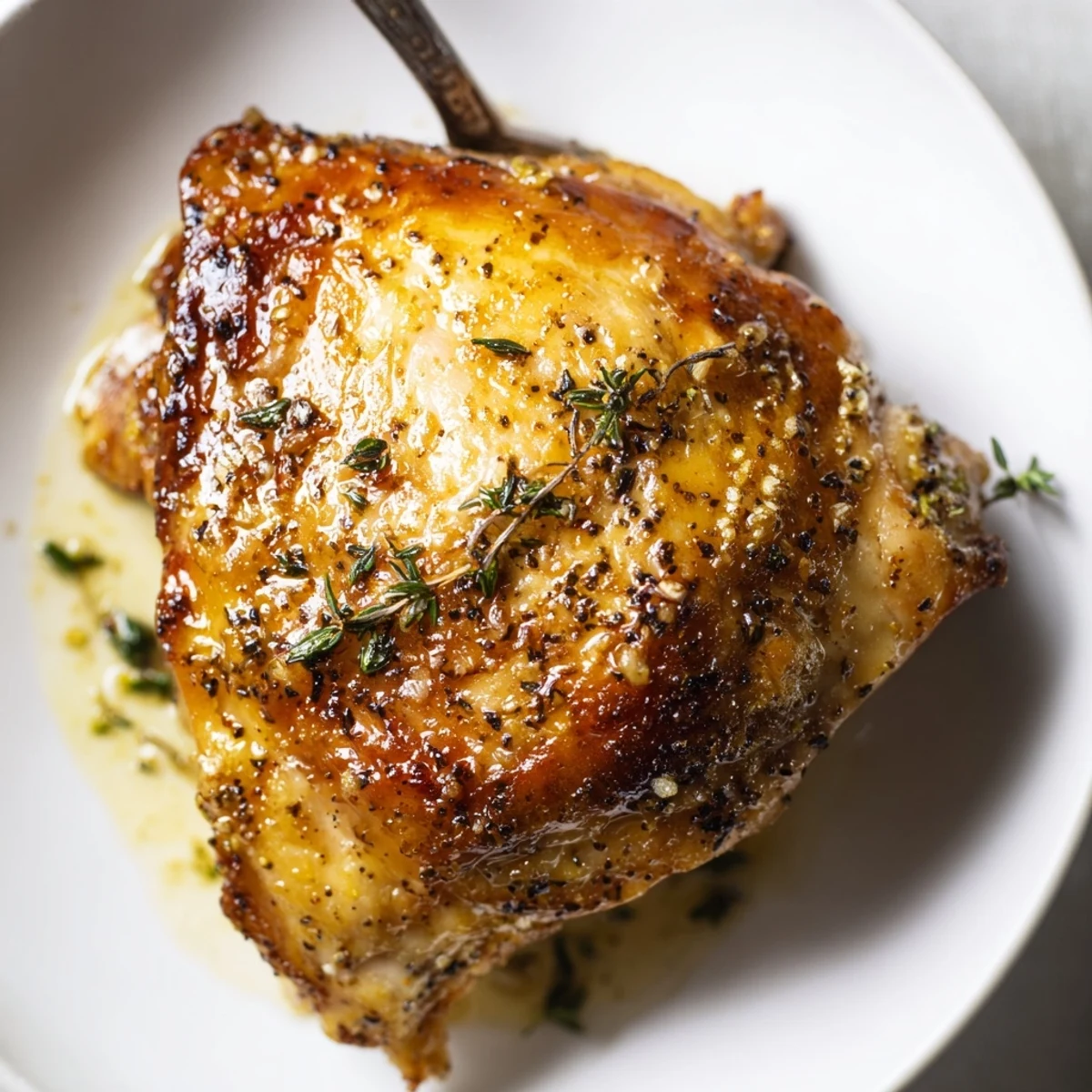 Herbed Lemon Pepper Chicken Thighs crisp skin, served with roasted potatoes and parsley