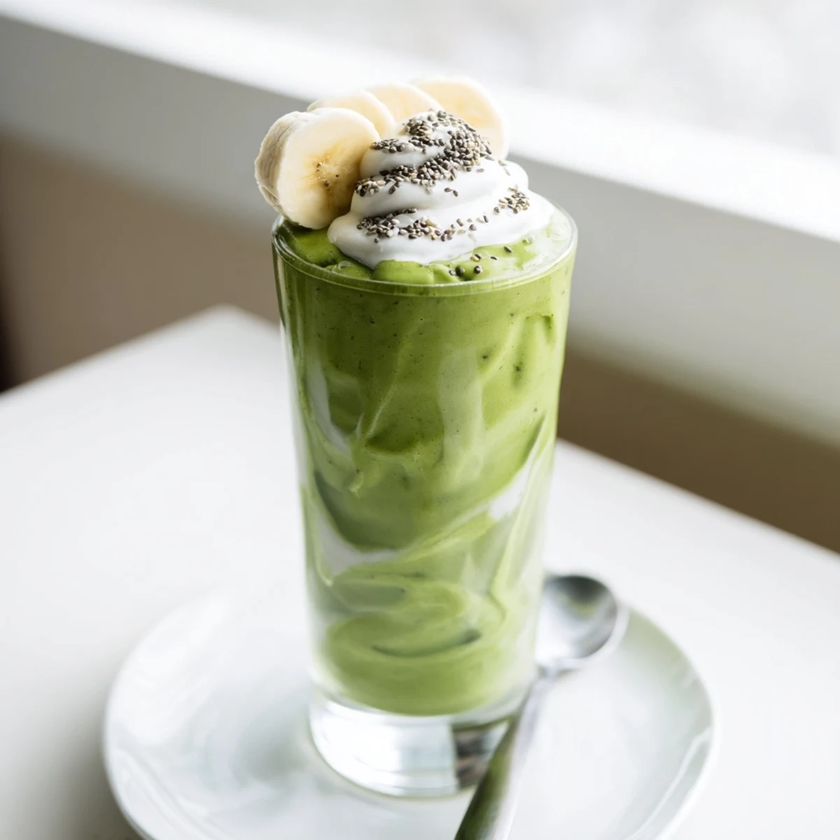 Creamy Matcha Smoothie with vibrant green color, banana sweetness, chilled almond milk.