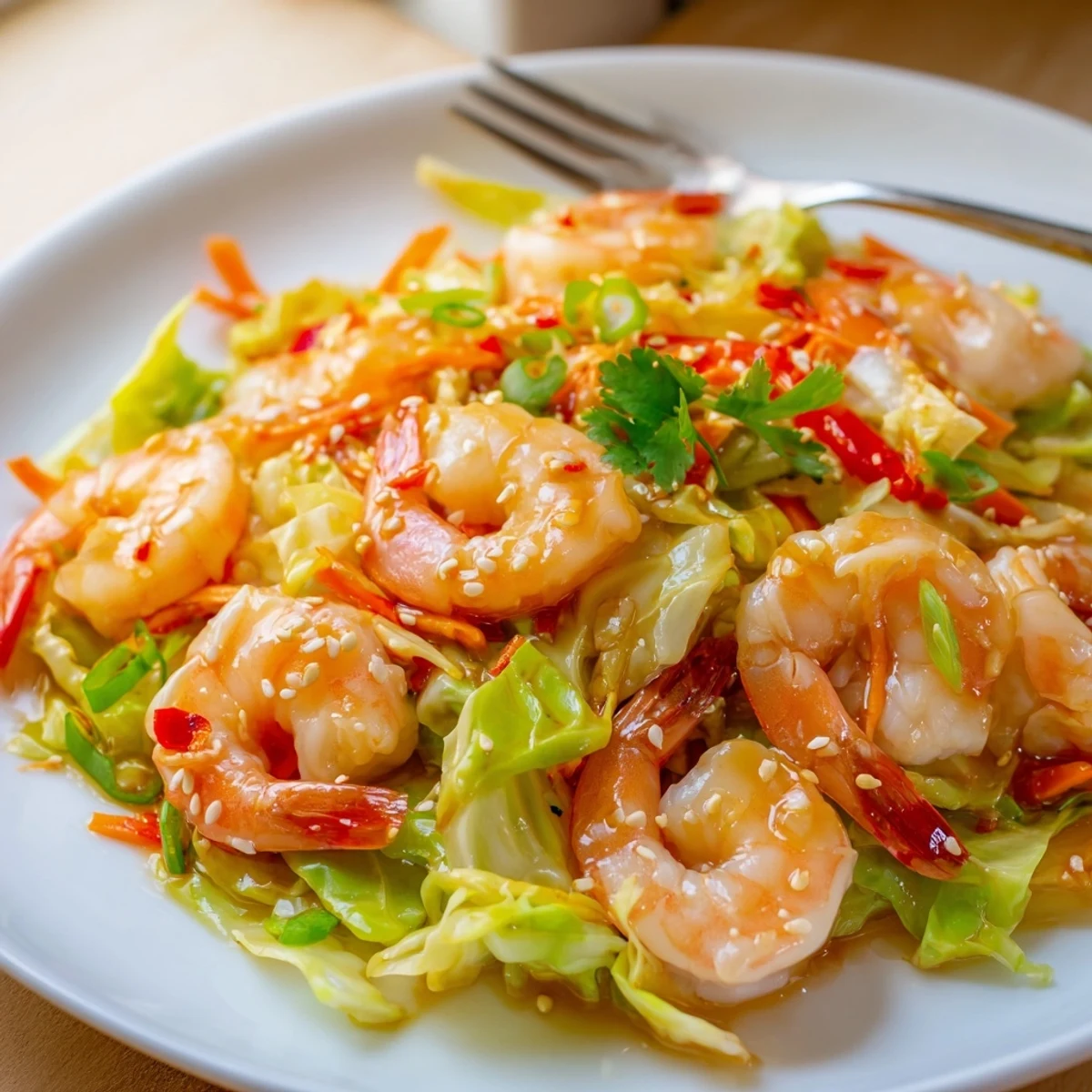 Delicious Asian Shrimp And Cabbage Stir Fry with glossy sesame sauce, vibrant vegetables