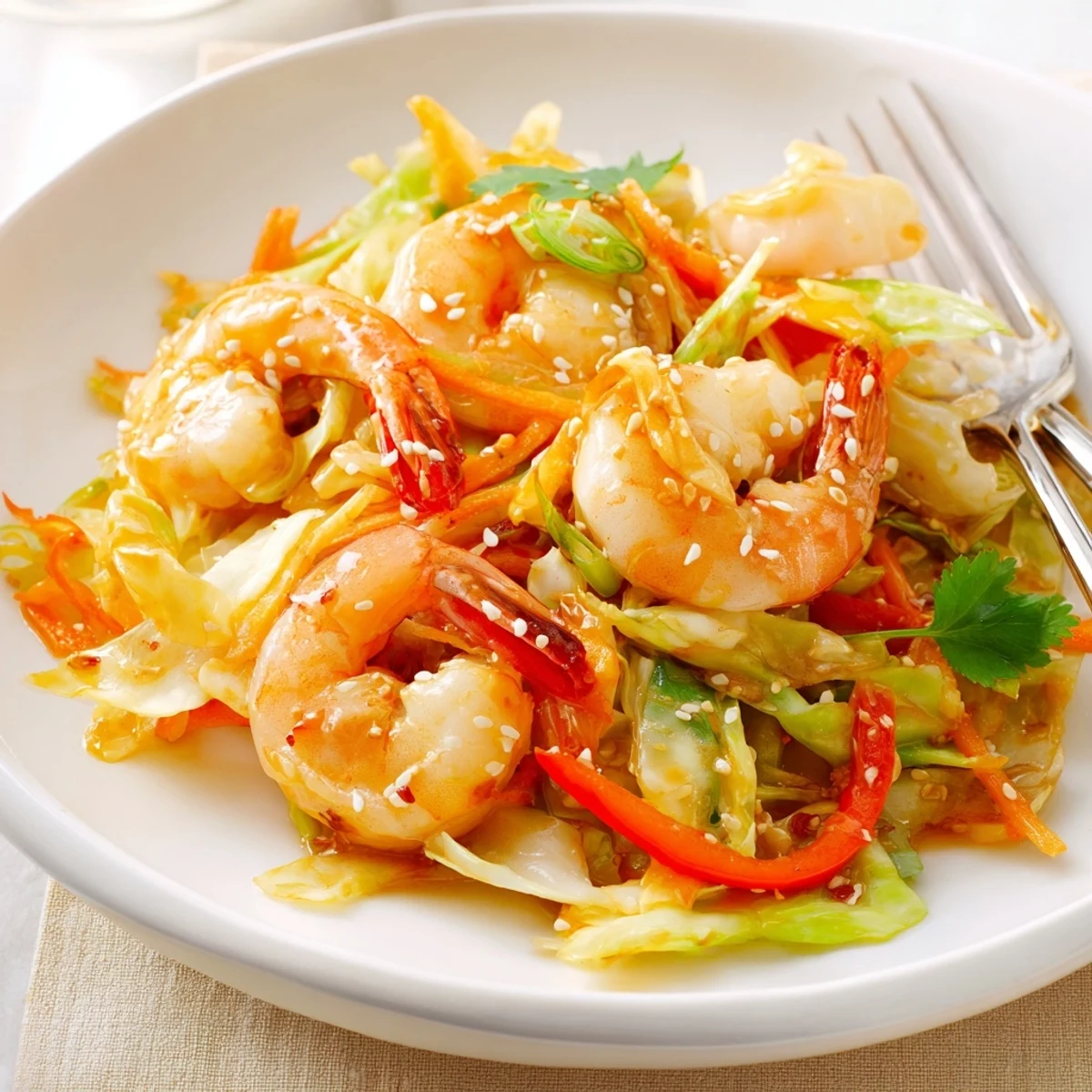 Plate of Delicious Asian Shrimp And Cabbage Stir Fry steaming, garnished with cilantro