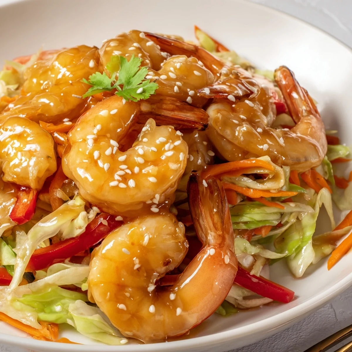 Sizzling wok of Delicious Asian Shrimp And Cabbage Stir Fry ready to serve