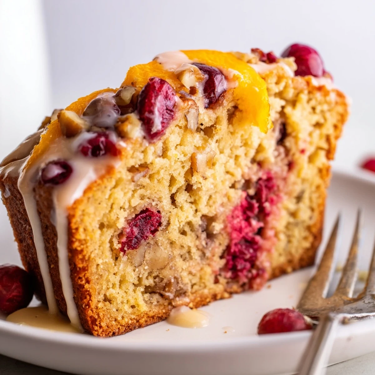 Warm Cranberry Orange Bread drizzled with glaze, served beside steaming Earl Grey tea