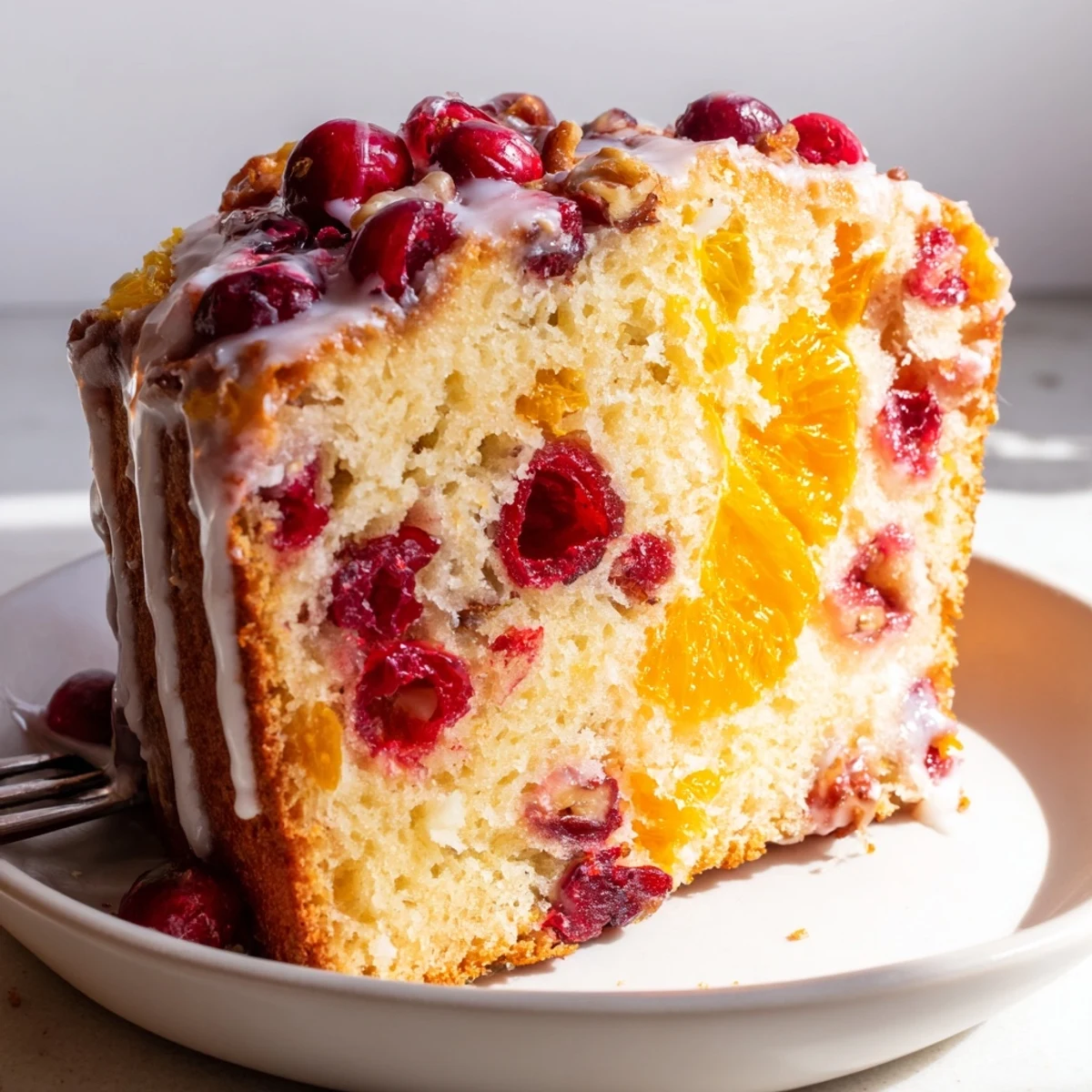 A sliced Cranberry Orange Bread with nutty crumb, orange zest flecks visible