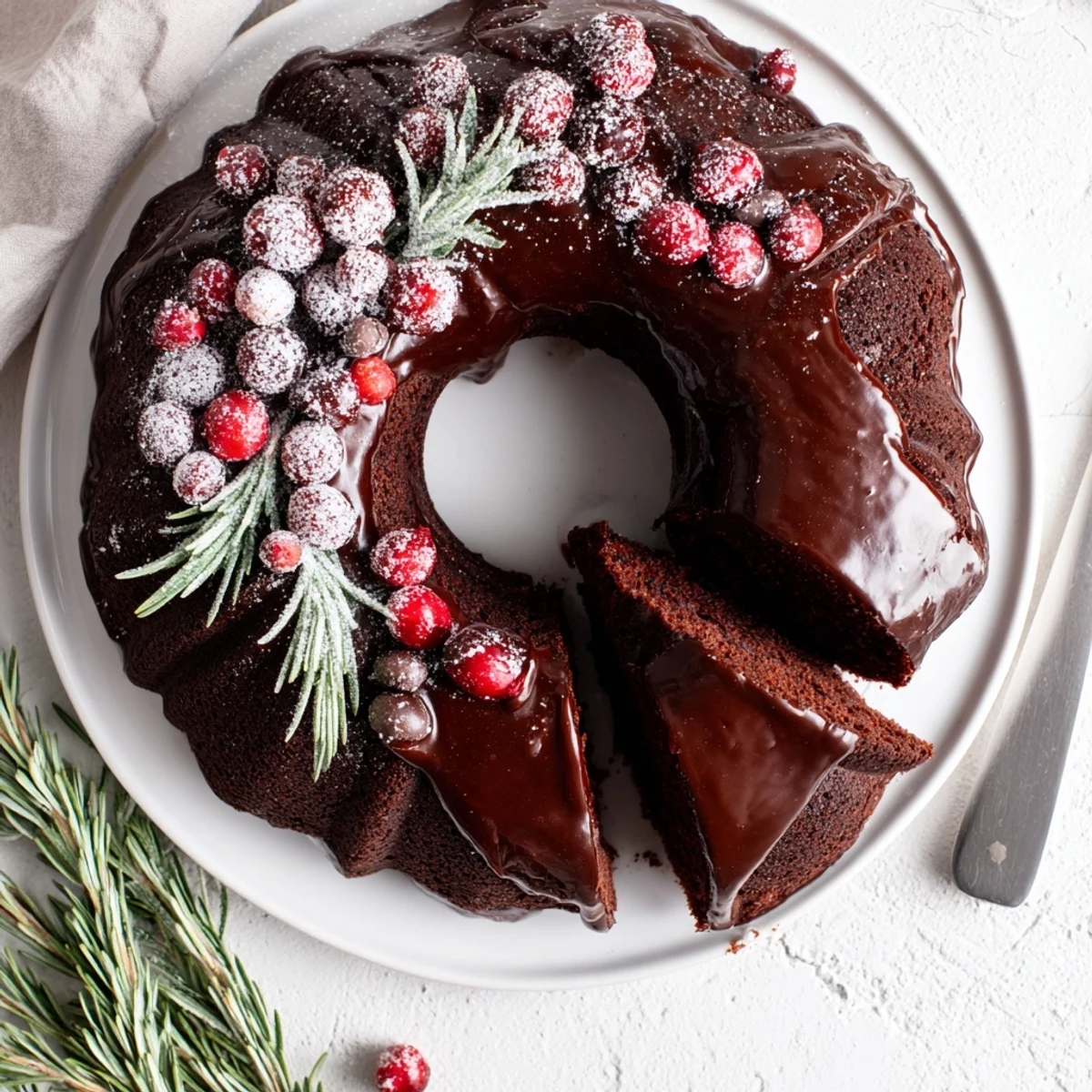 Festive Chocolate Bundt Cake Christmas Wreath dusted with powdered sugar, rosemary sprigs