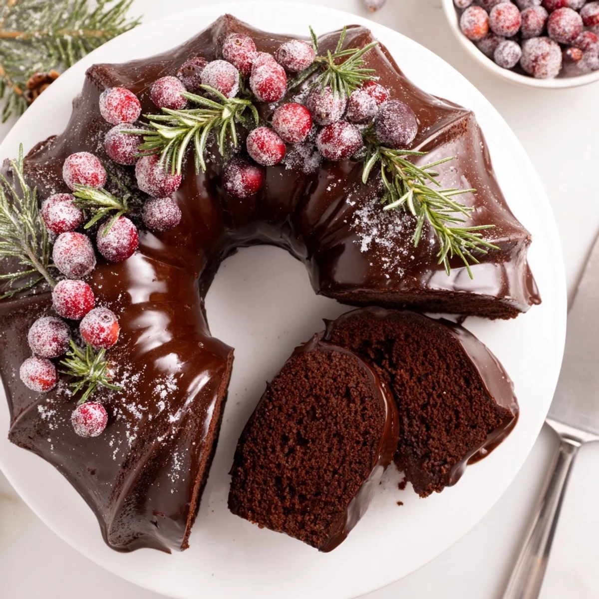 Chocolate Bundt Cake Christmas Wreath topped with glossy chocolate glaze and sugared cranberries