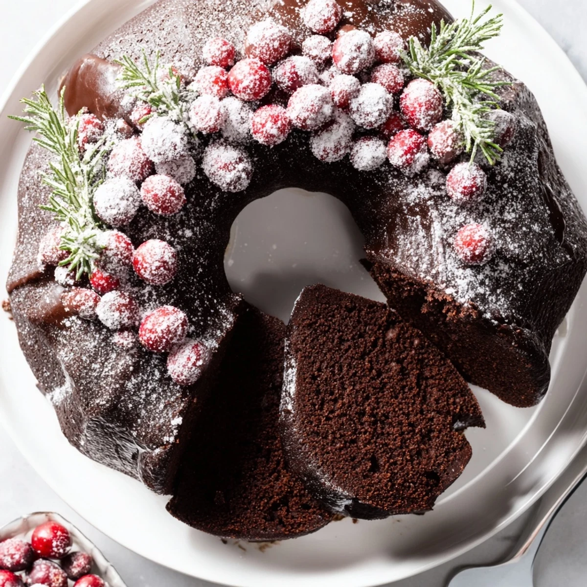 Slice-ready Chocolate Bundt Cake Christmas Wreath, rich cocoa aroma, ideal with hot cocoa