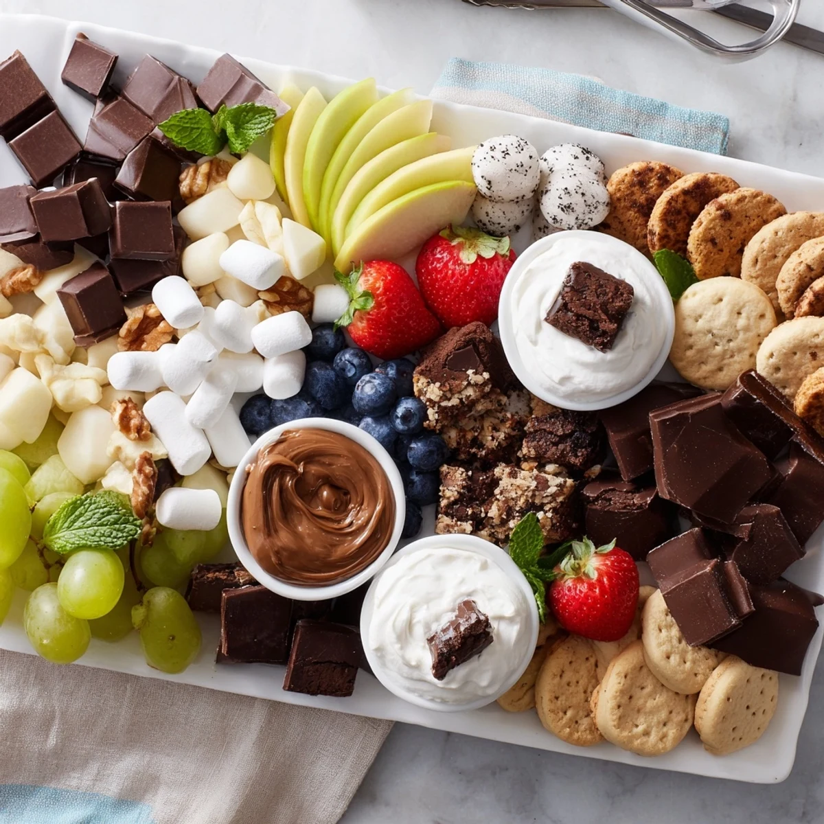 Dessert Charcuterie Board with vivid berries, chocolates, and dipping sauces for sharing