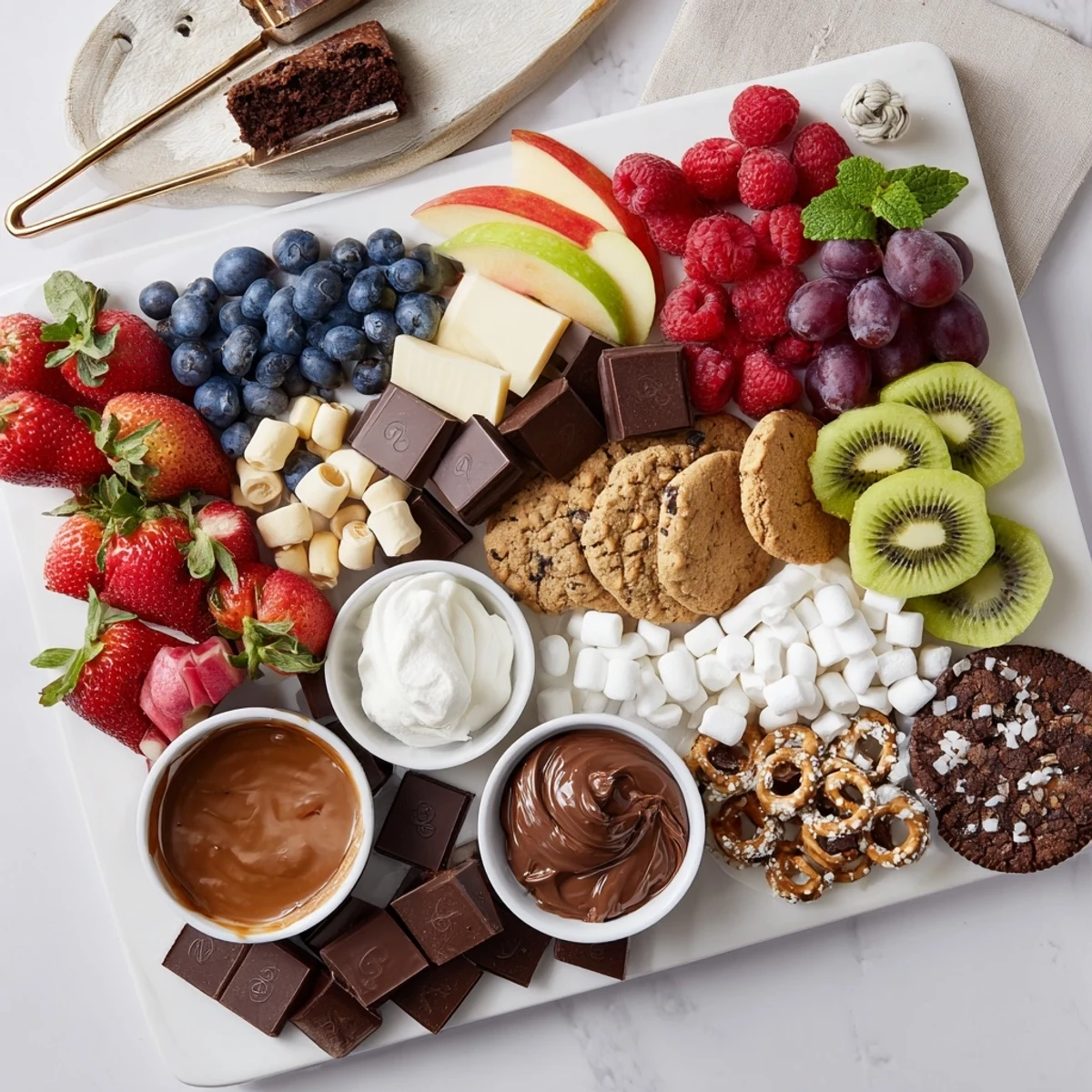 Dessert Charcuterie Board arranged on oak platter, colorful fruits and sweet bites