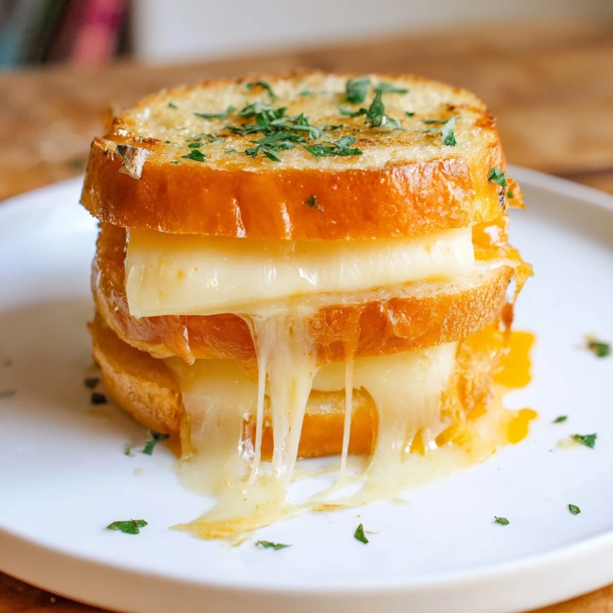 Hand-held Mini Grilled Cheese Hawaiian Rolls Recipe split open, stretchy cheese, herb butter.