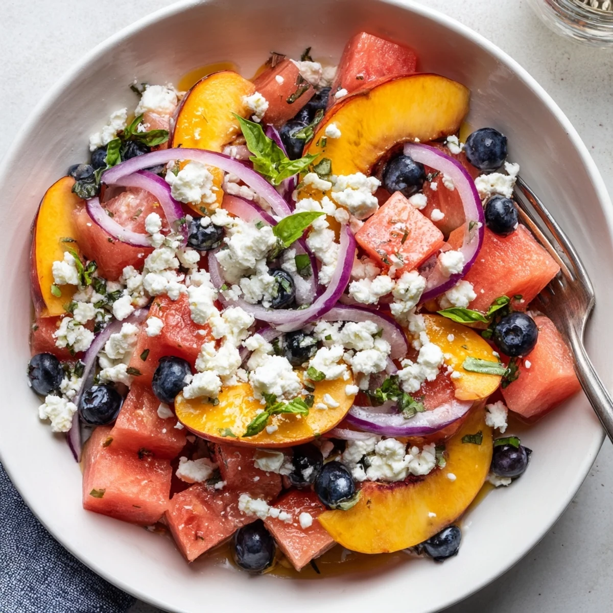 Peach Watermelon Salad With Feta: juicy peaches, crisp cubes, mint garnish