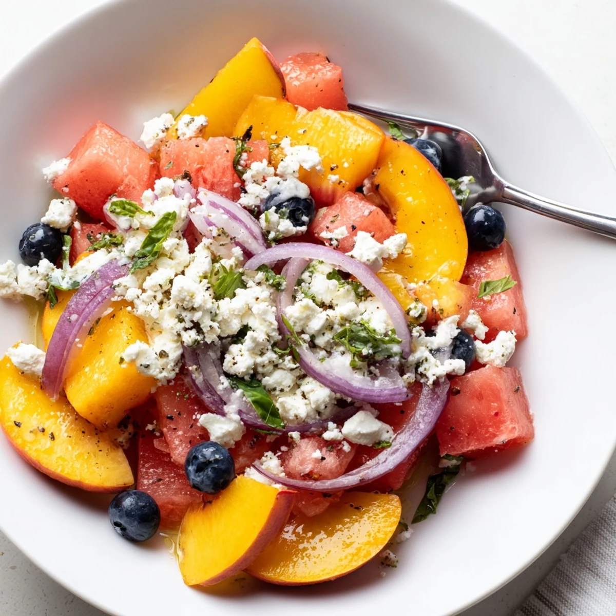 Quick Peach Watermelon Salad With Feta tossed gently, bright honey-lime dressing