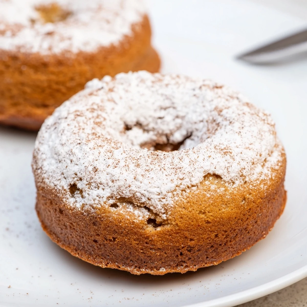 Hand holding sliced Banana Donuts beside coffee, moist texture and cinnamon dusting
