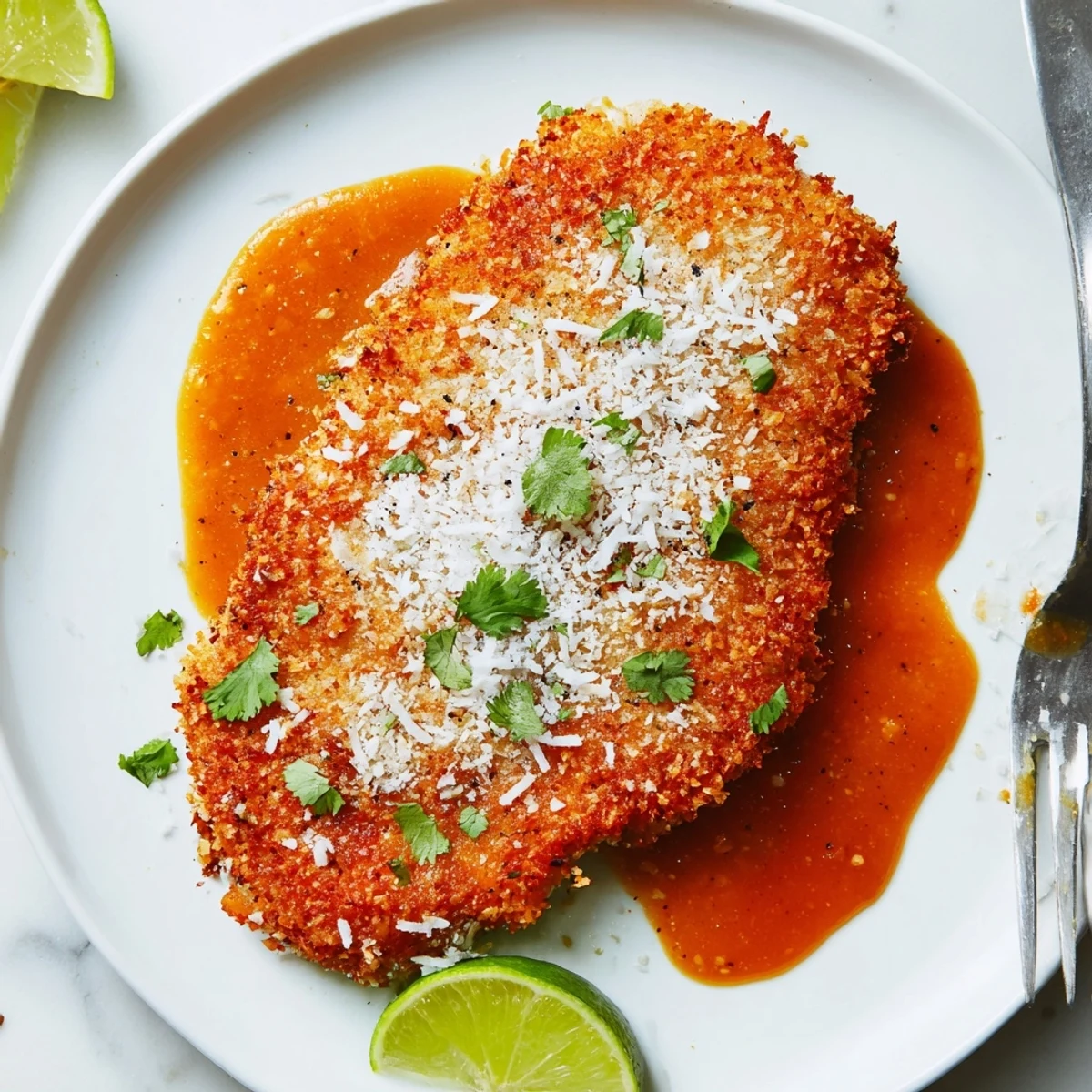 Coconut Chicken With Apricot Sauce drizzled over crispy golden breasts, lime wedges.