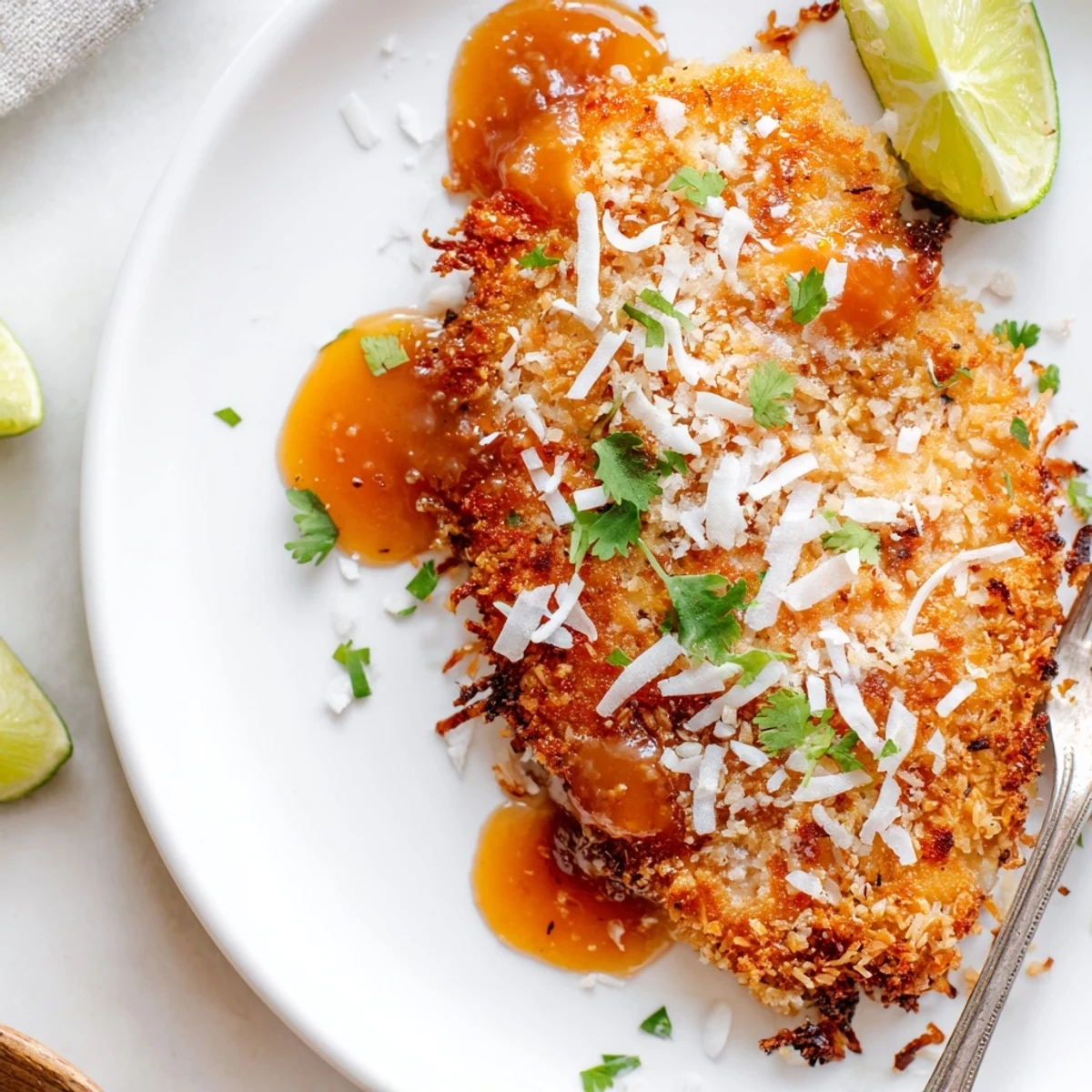 Pan-seared Coconut Chicken With Apricot Sauce on jasmine rice, cilantro garnish.