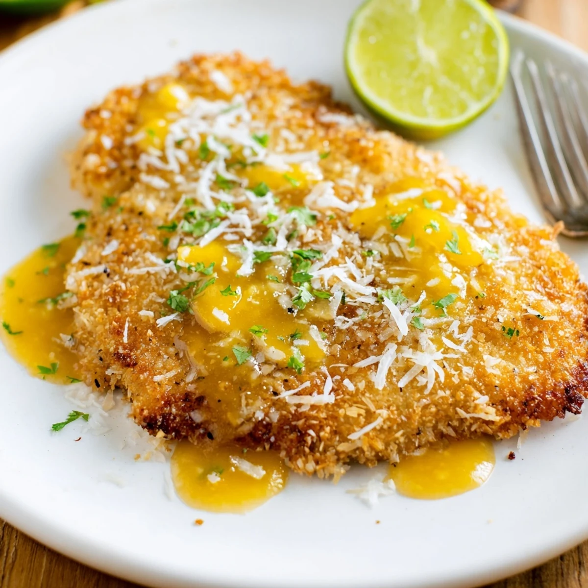 Fork-tender Coconut Chicken With Apricot Sauce, crunchy coconut crust and tangy glaze.