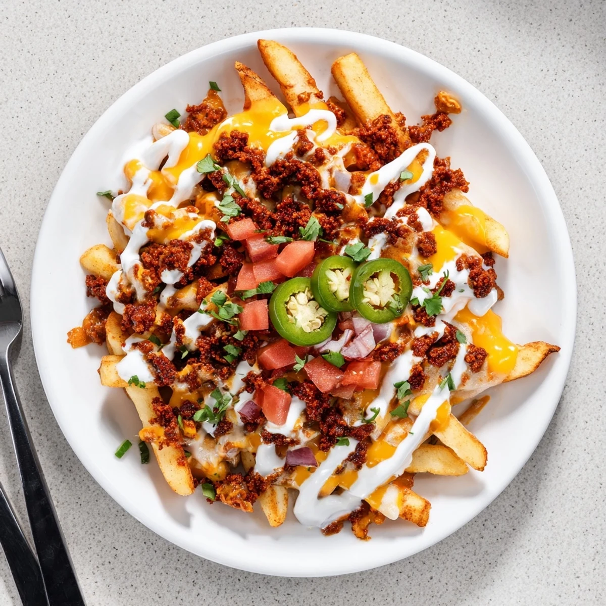 Chorizo Queso Dip Fries sizzling with melted cheddar, savory crumbles, scallions  