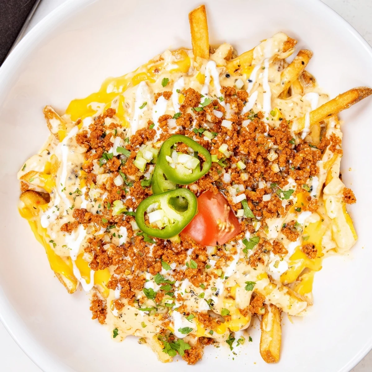 Crispy Chorizo Queso Dip Fries piled on a platter, drizzled with sour cream  