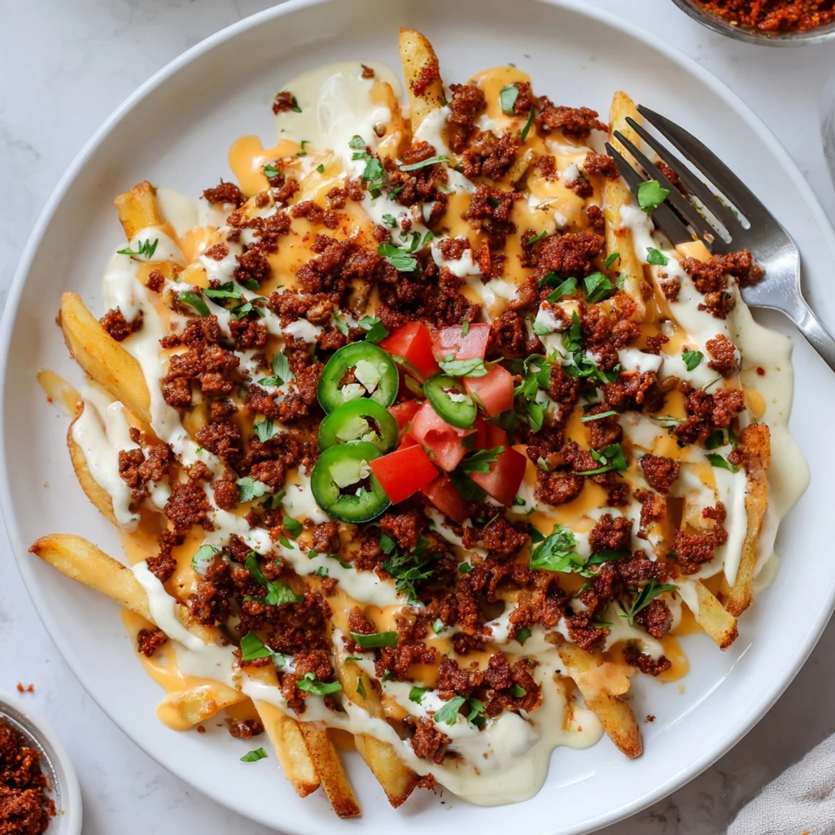 Family-style Chorizo Queso Dip Fries topped with jalapeños, cilantro, and diced tomato