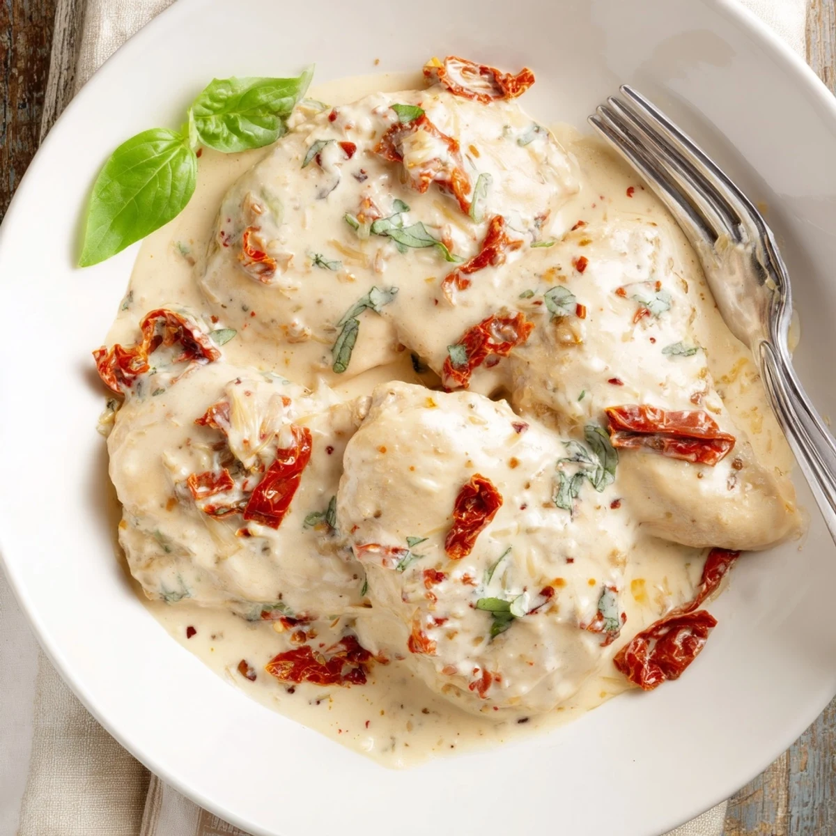 Hearty Dump And Go Crockpot Marry Me Chicken served over buttered pasta, basil garnish