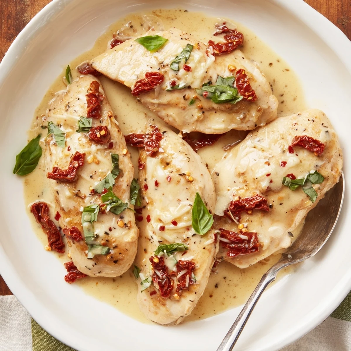 Dump And Go Crockpot Marry Me Chicken simmering in creamy sun-dried tomato sauce