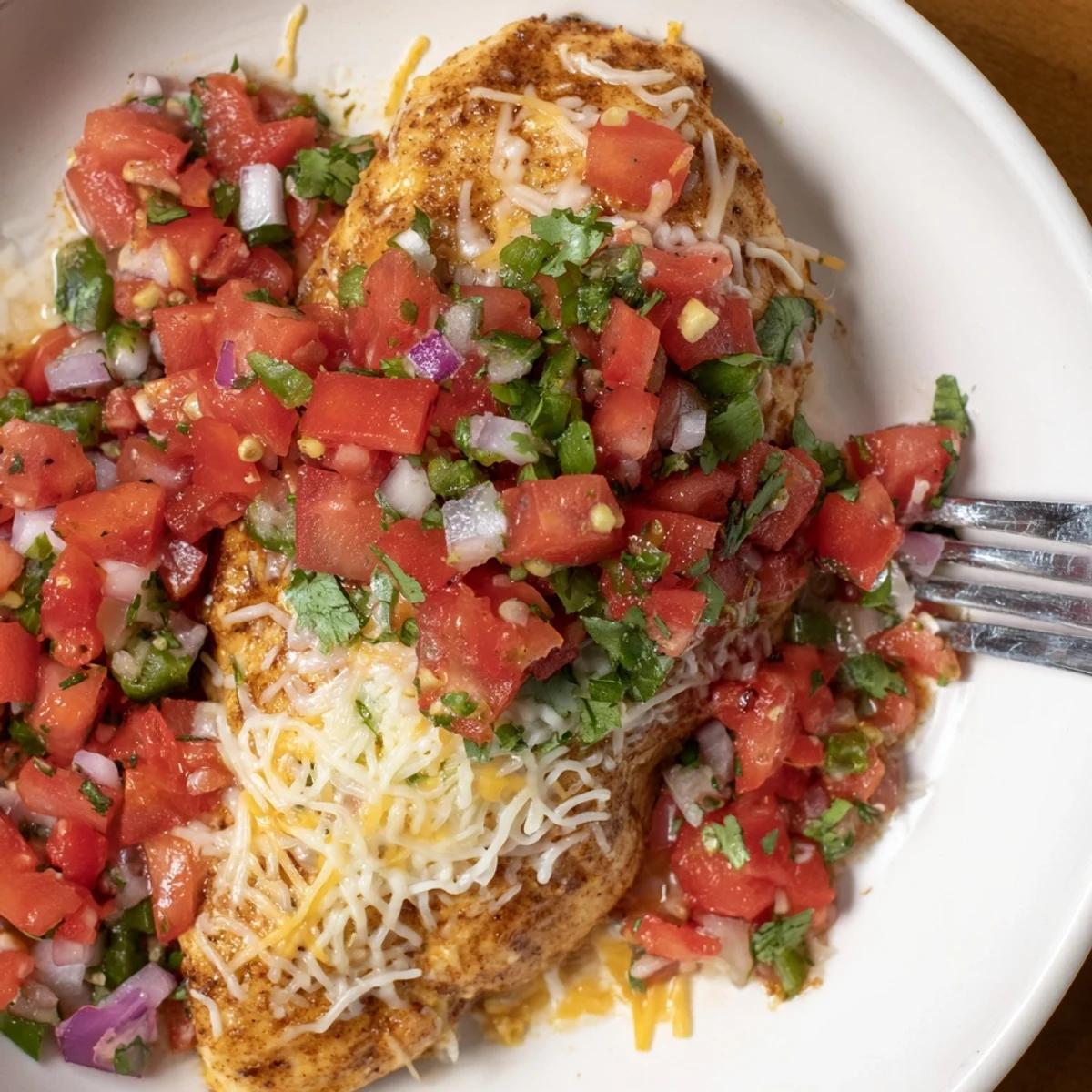 Oven-baked Salsa Fresca Chicken Bake crowned with melted cheese and fresh cilantro