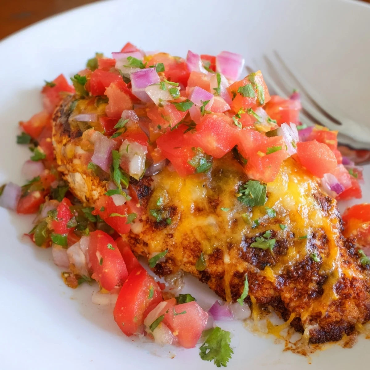 Weeknight Salsa Fresca Chicken Bake served over rice, juicy lime-scented chicken