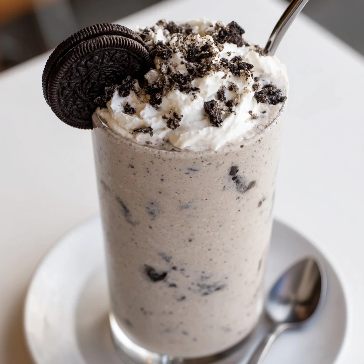 Post workout Cookies And Cream Protein Shake topped with crushed cookies