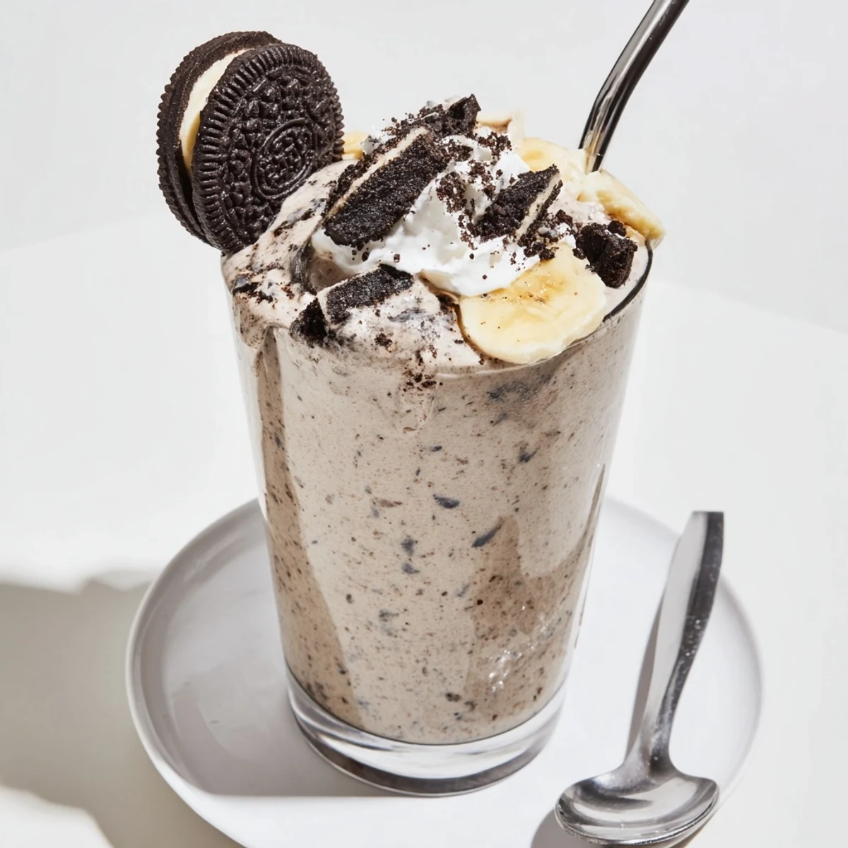 Frosty Cookies And Cream Protein Shake blended smooth with banana, served immediately