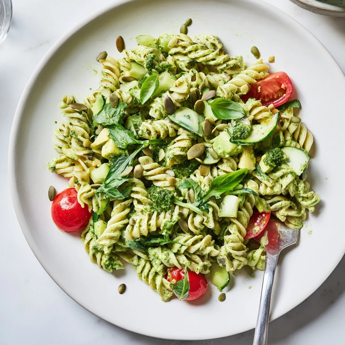 Green Goddess Pasta Salad with creamy herb dressing, crisp cucumbers and tomatoes