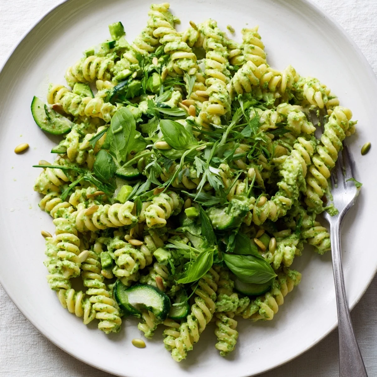 Chilled Green Goddess Pasta Salad garnished with toasted seeds, perfect for picnics