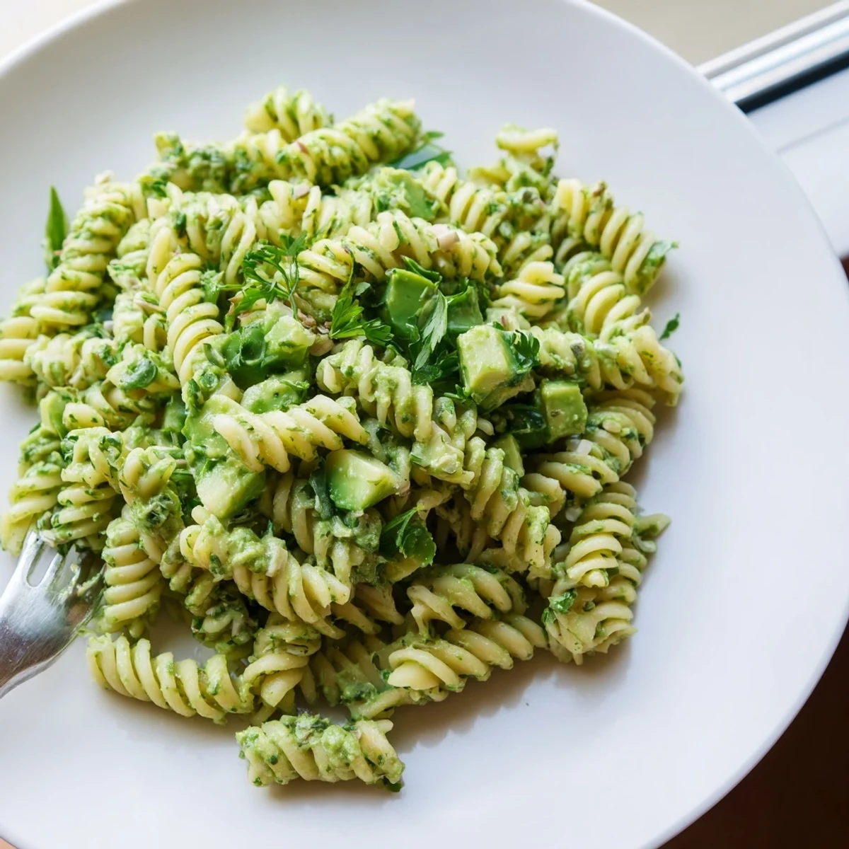Vibrant Green Goddess Pasta Salad with avocado, sugar snap peas, bright lemony flavor