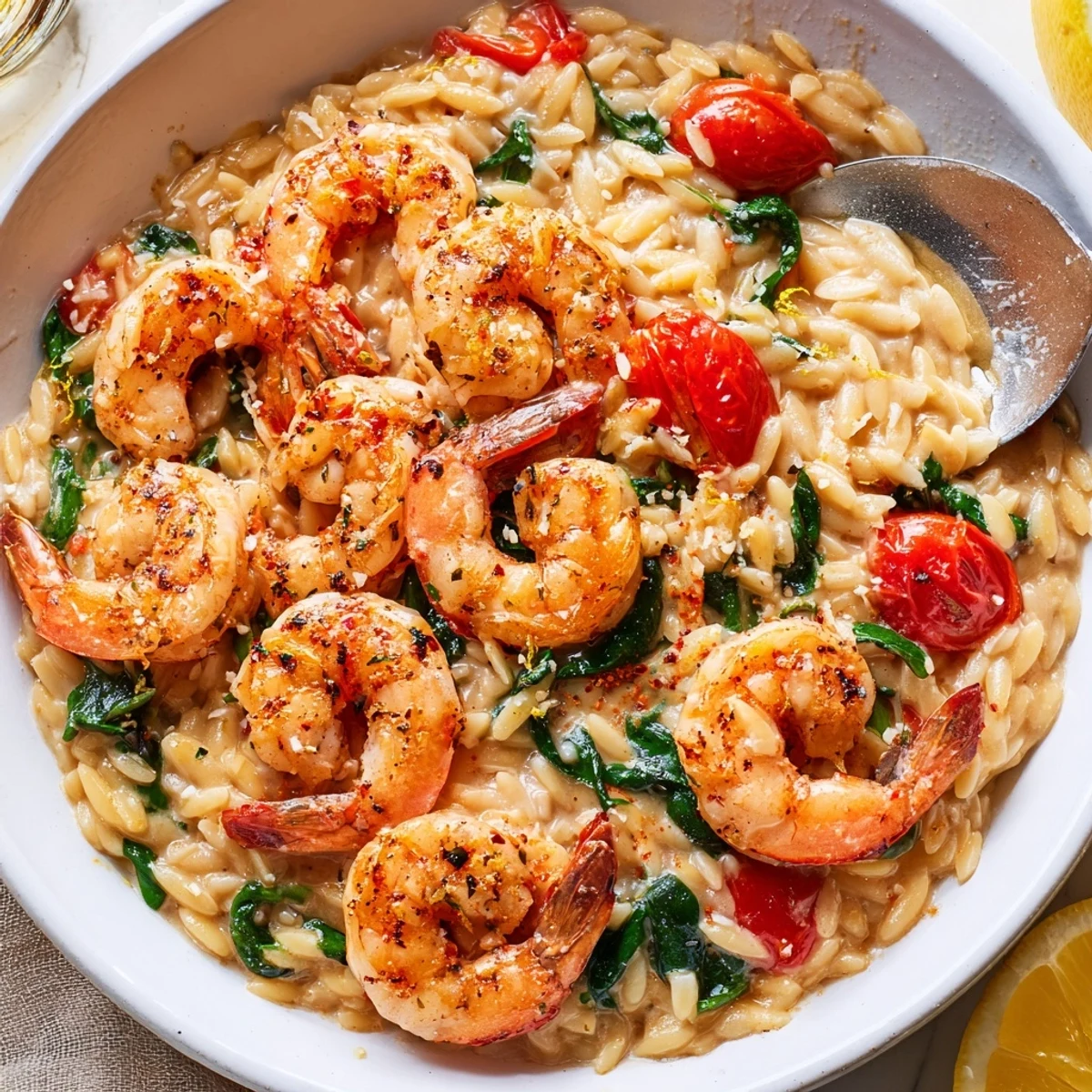 Creamy Shrimp Orzo Recipe: golden shrimp nestled in saucy orzo, lemon-zested.