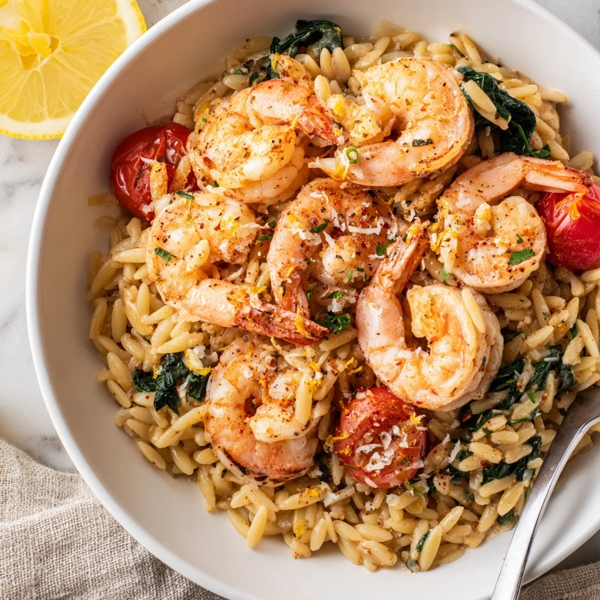 One-pan Creamy Shrimp Orzo Recipe steaming with wilted spinach and Parmesan.