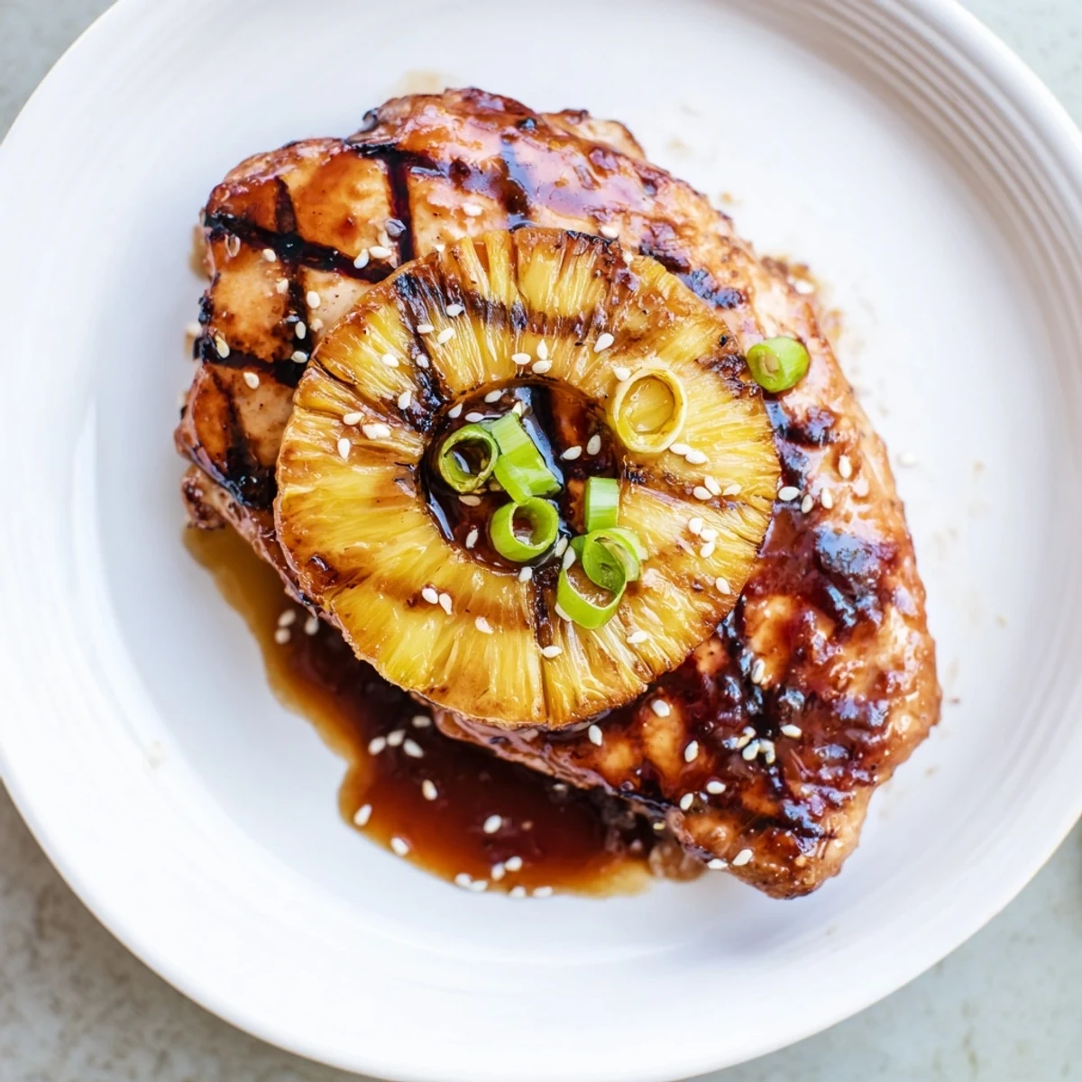 Grilled Aloha Chicken with charred pineapple rings, glossy glaze and green onions