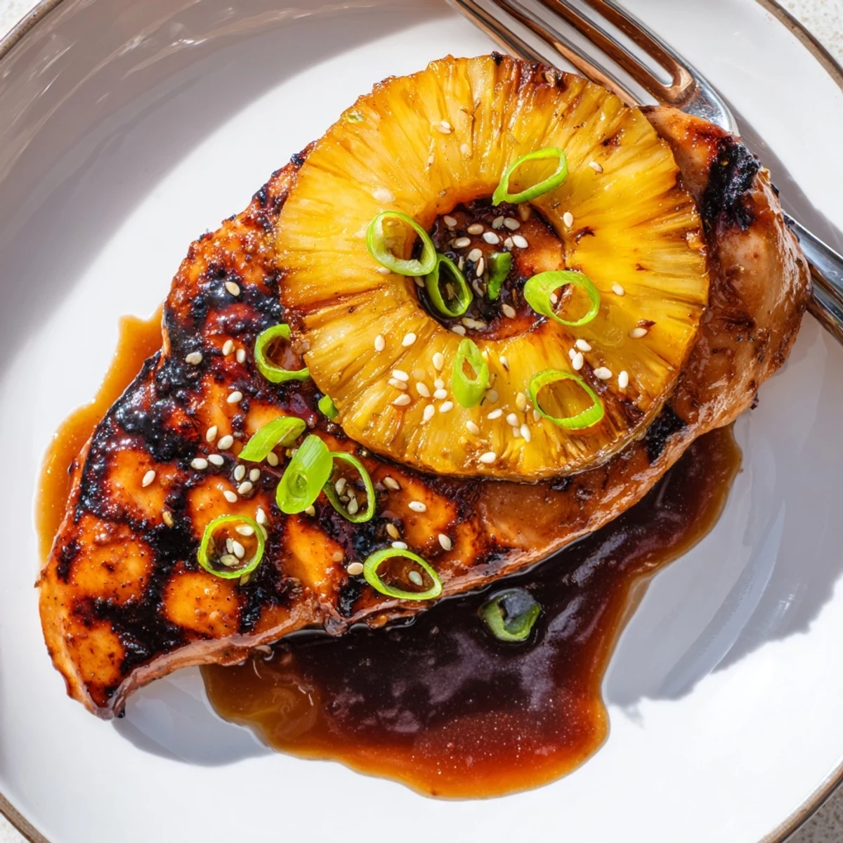 Grilled Aloha Chicken served with grilled pineapple rings and sesame seeds