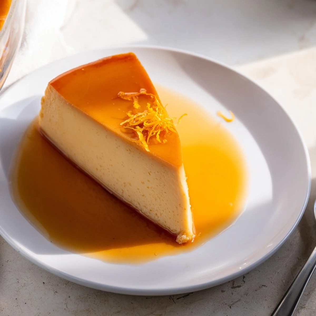 Caramel glazed Flan Napolitano with silky custard, plated for elegant dessert.