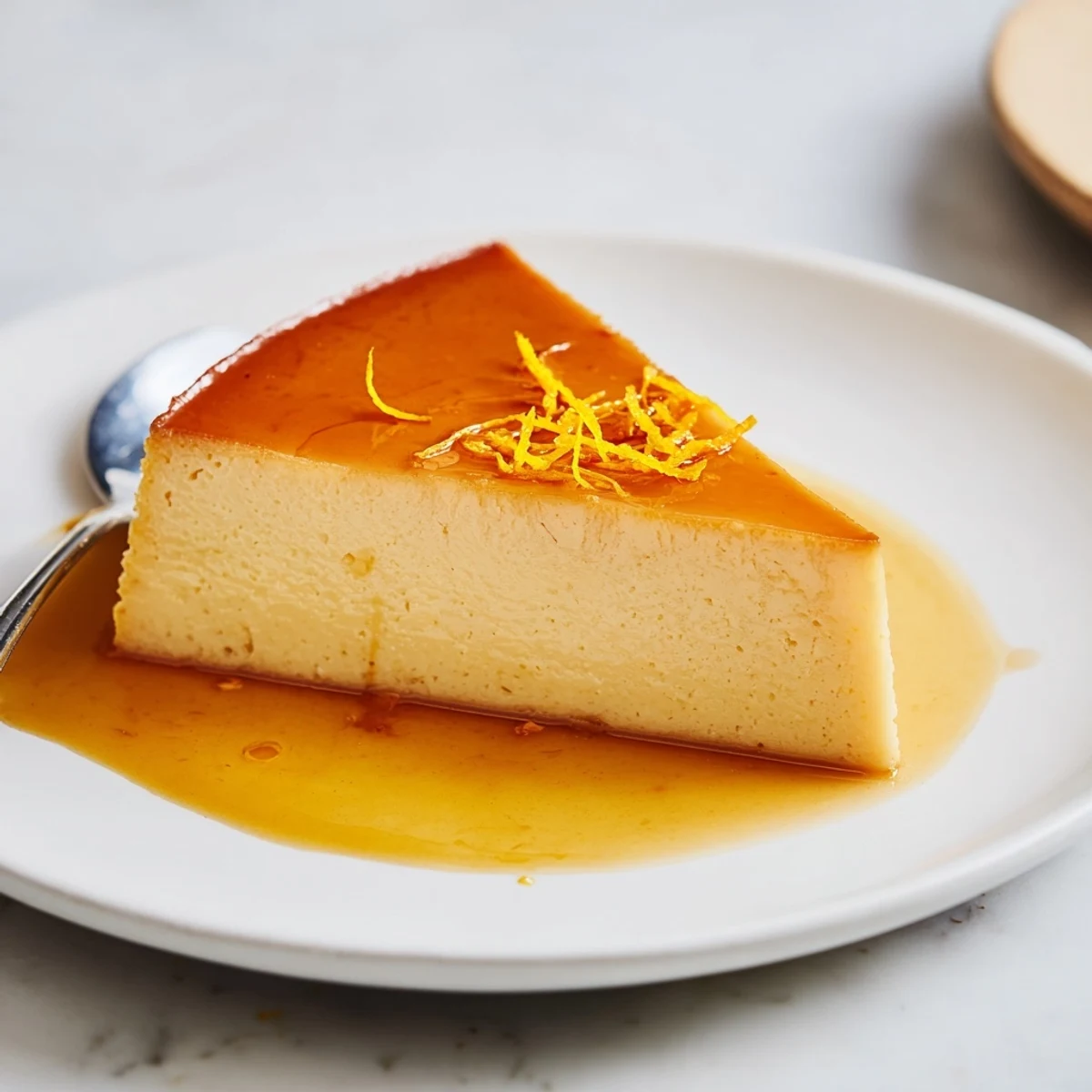 Chilled Flan Napolitano Recipe topped with glossy caramel, sliced beside fresh berries.