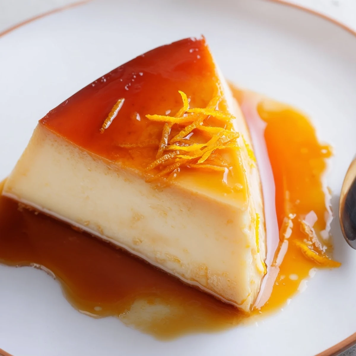 Velvety Flan Napolitano Recipe wobbling slightly, topped with warm amber caramel.