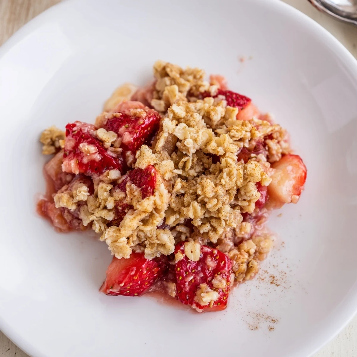 Strawberry Rhubarb Crisp Recipe with bubbling fruit and golden oat topping