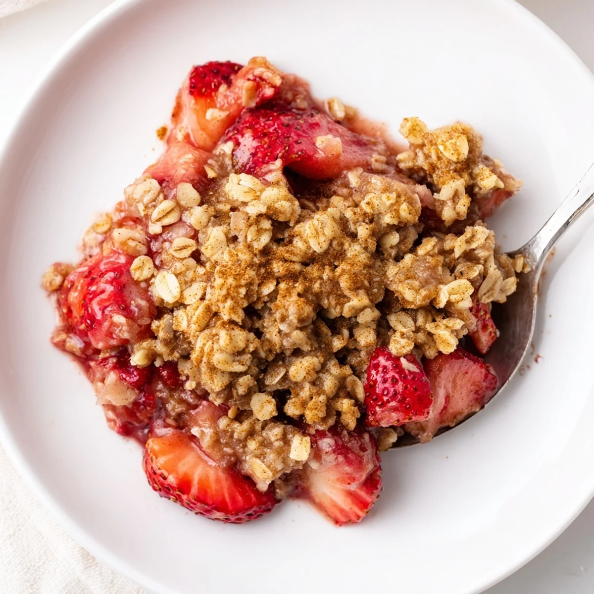 Warm Strawberry Rhubarb Crisp Recipe served with melting vanilla ice cream