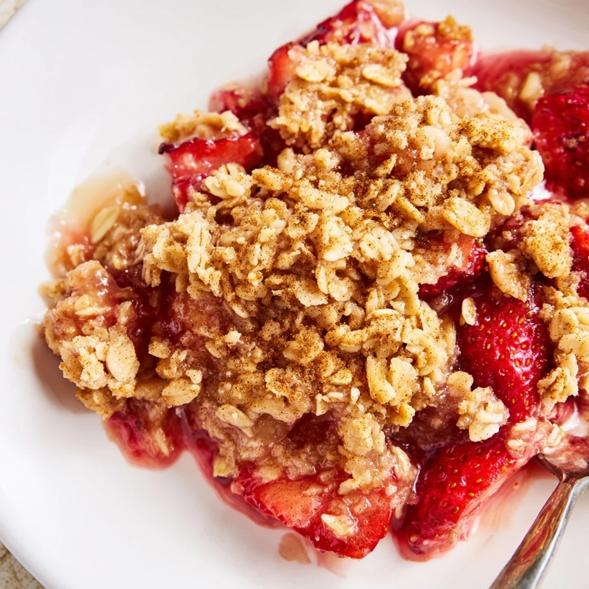 Homestyle Strawberry Rhubarb Crisp Recipe: steaming spoonful, tangy filling, buttery crumble