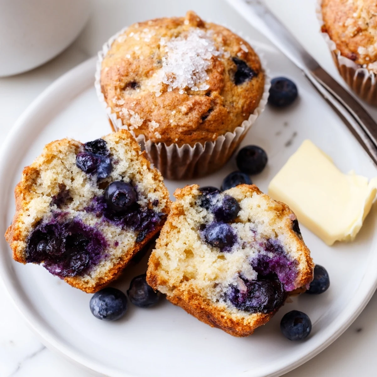 Blueberry Banana Muffins cooling on a rack, steaming, studded with juicy berries