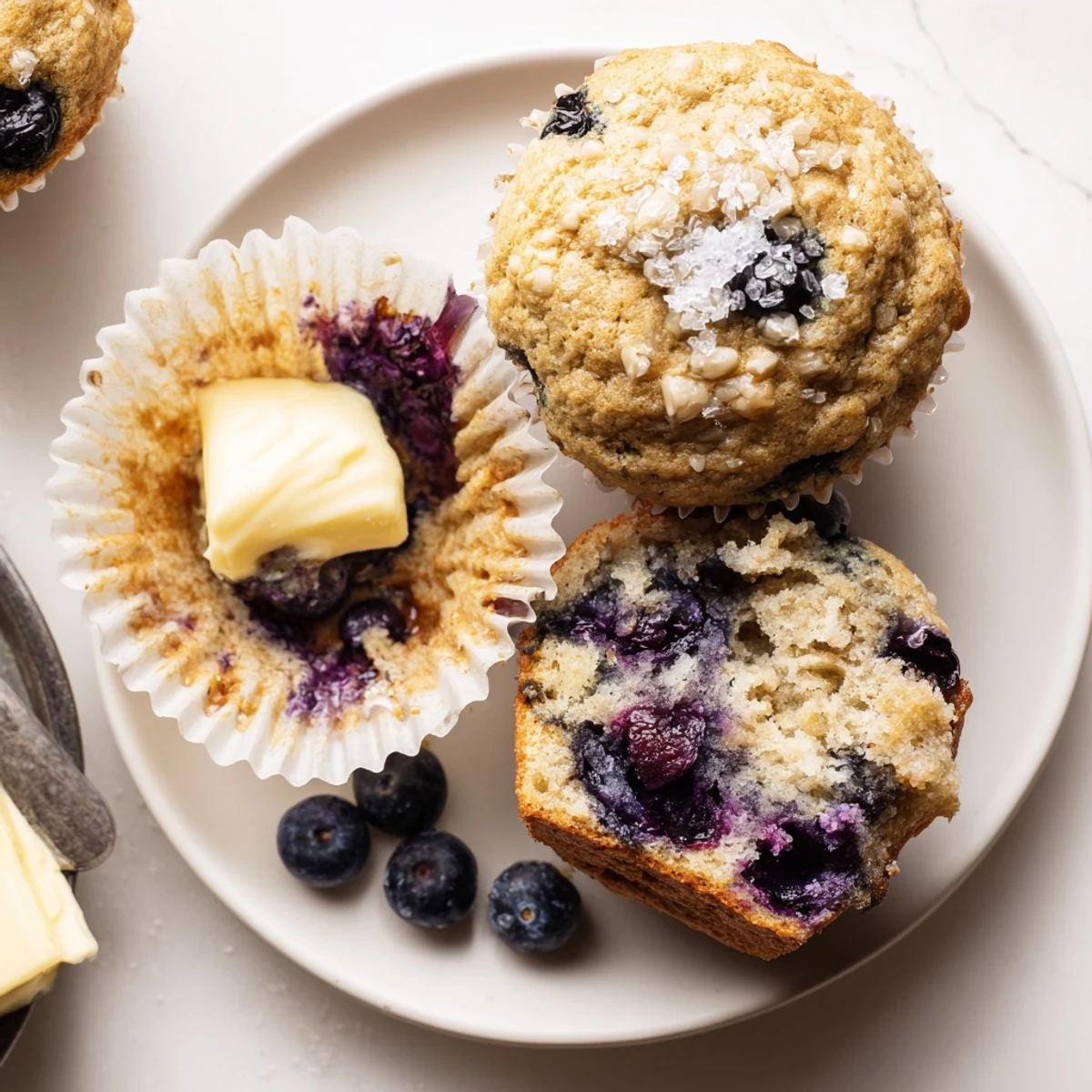 A dozen Blueberry Banana Muffins golden-topped, tender crumb, perfect breakfast bite