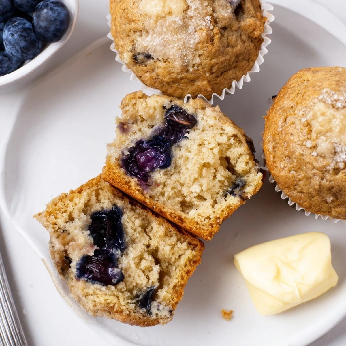 Warm Blueberry Banana Muffins split open, fragrant banana aroma, buttery spread nearby