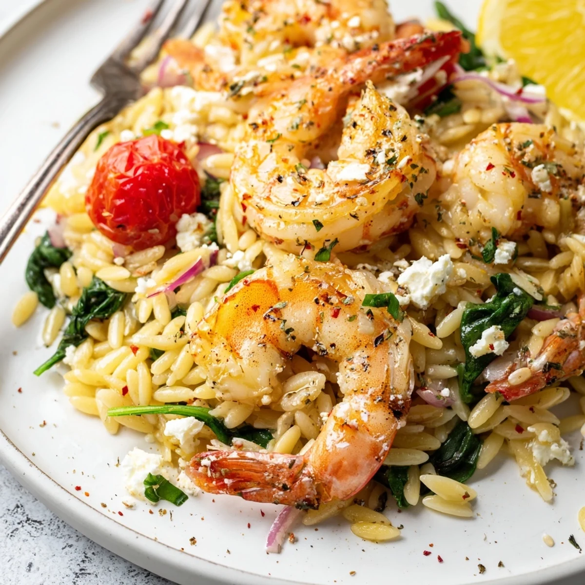 Lemon Feta Orzo Shrimp Recipe plated with lemon wedges, feta crumbles, fragrant parsley