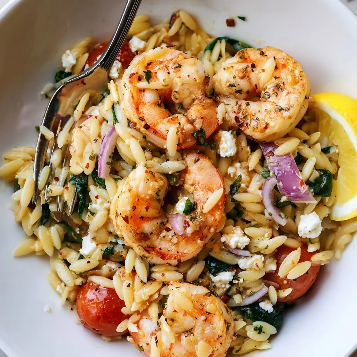 Bright Lemon Feta Orzo Shrimp Recipe with juicy tomatoes, wilted spinach, warm orzo