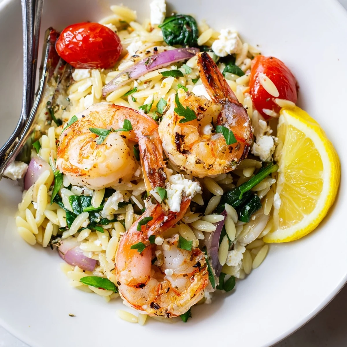 Quick weeknight Lemon Feta Orzo Shrimp Recipe tossed in zesty lemon-garlic sauce